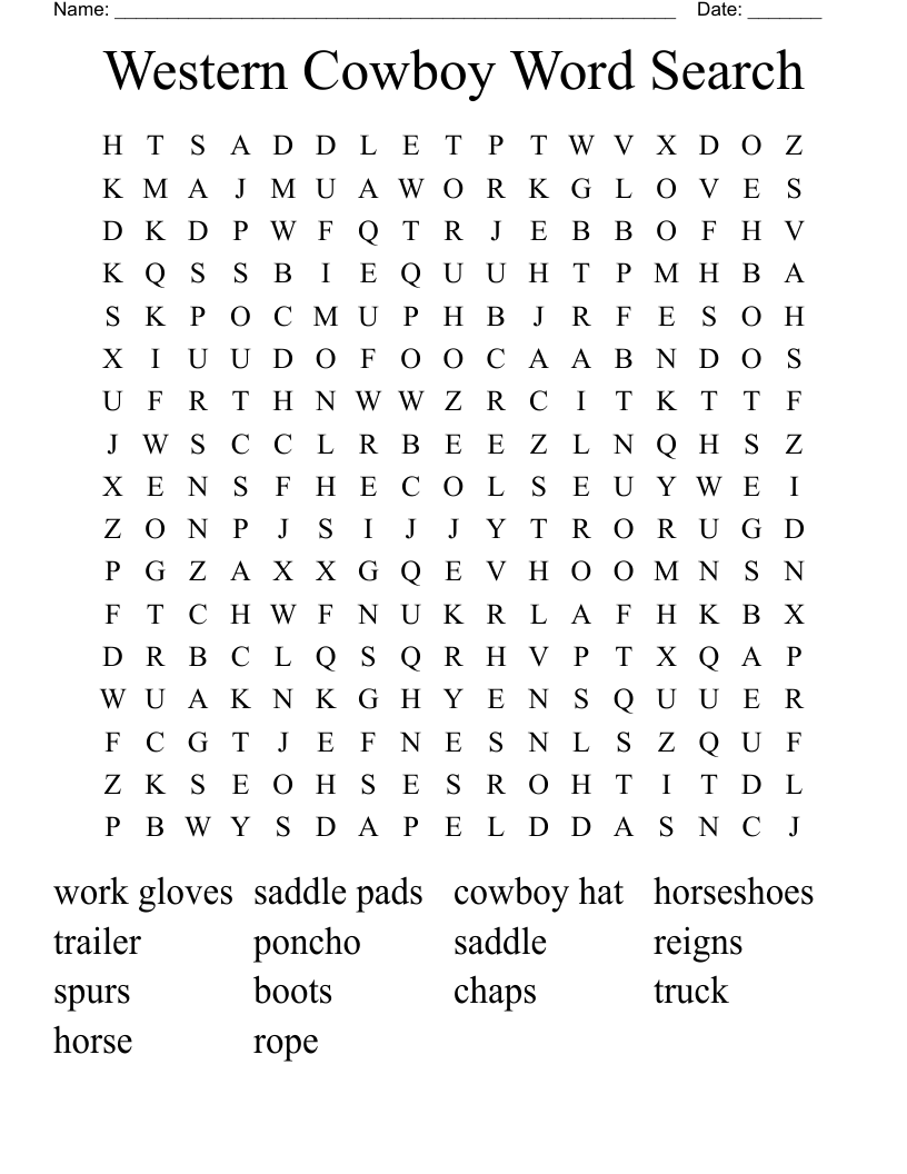 Western Cowboy Word Search
