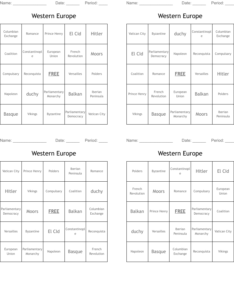 Western Europe Bingo Cards