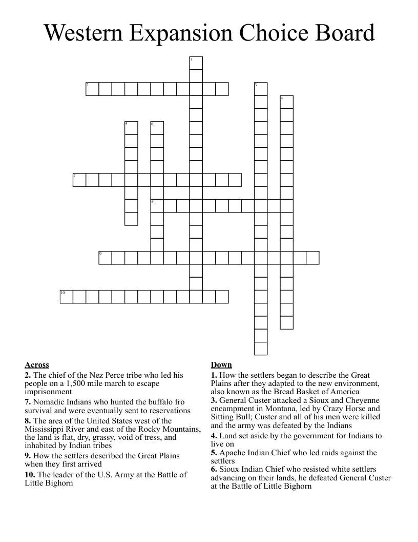 Western Expansion Choice Board Crossword
