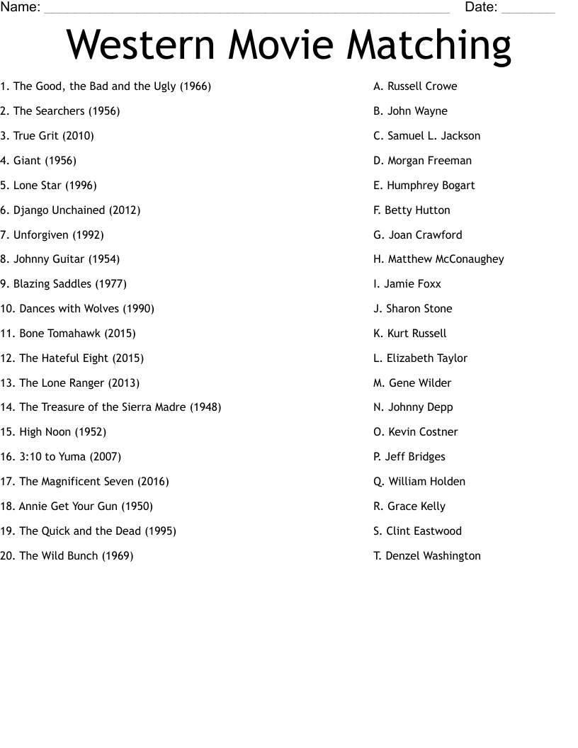 Western Movie Matching Worksheet