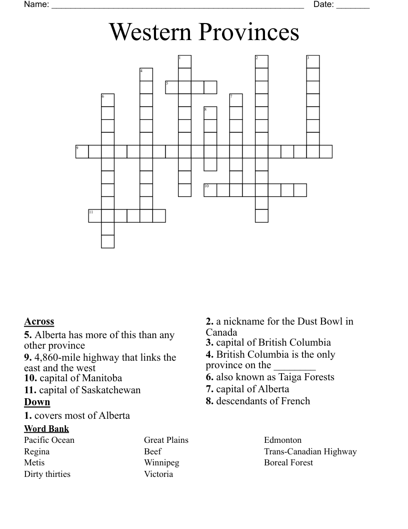 Western Provinces Crossword