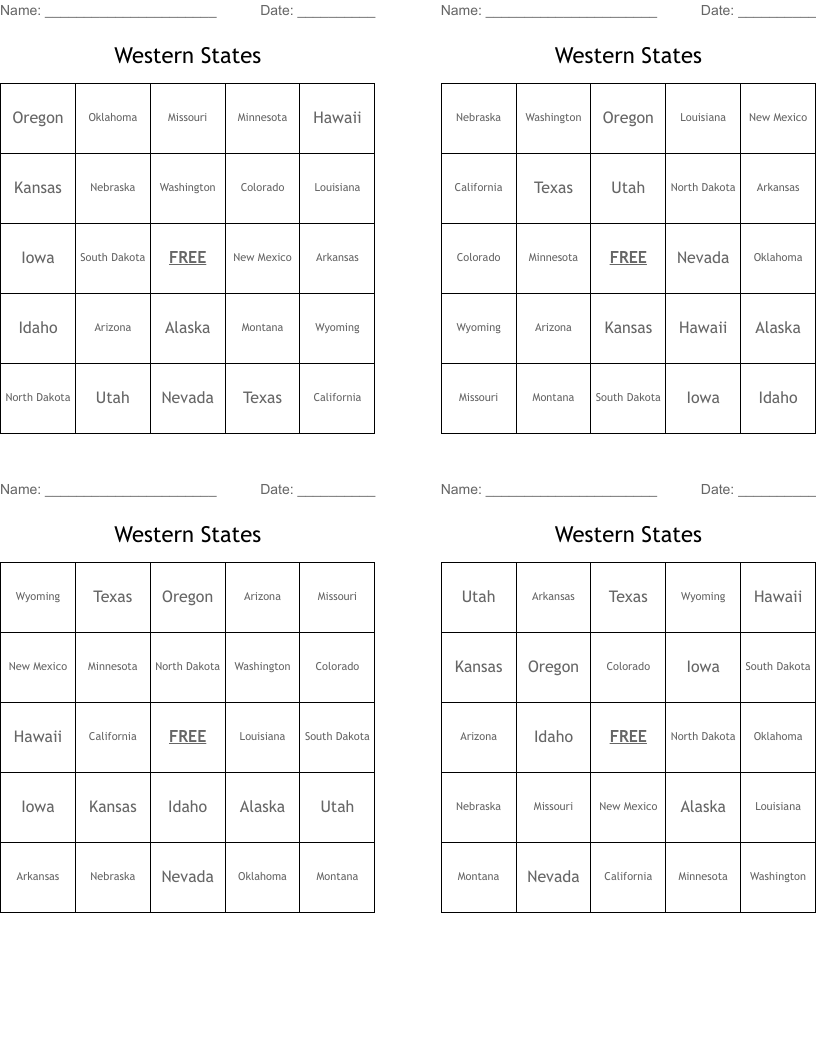 Western States Bingo Cards