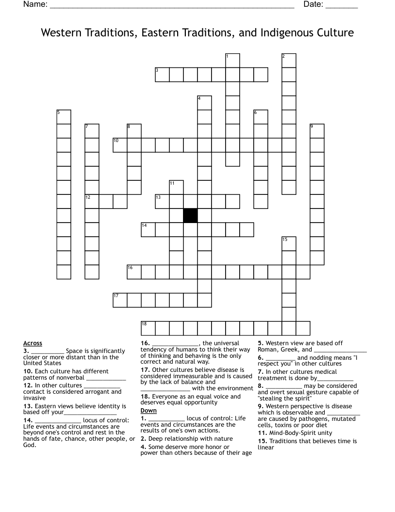 Western Traditions, Eastern Traditions, and Indigenous Culture Crossword
