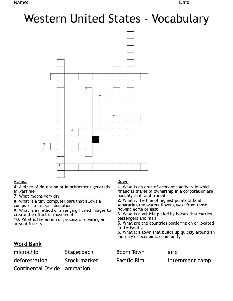 Western United States - Vocabulary Crossword