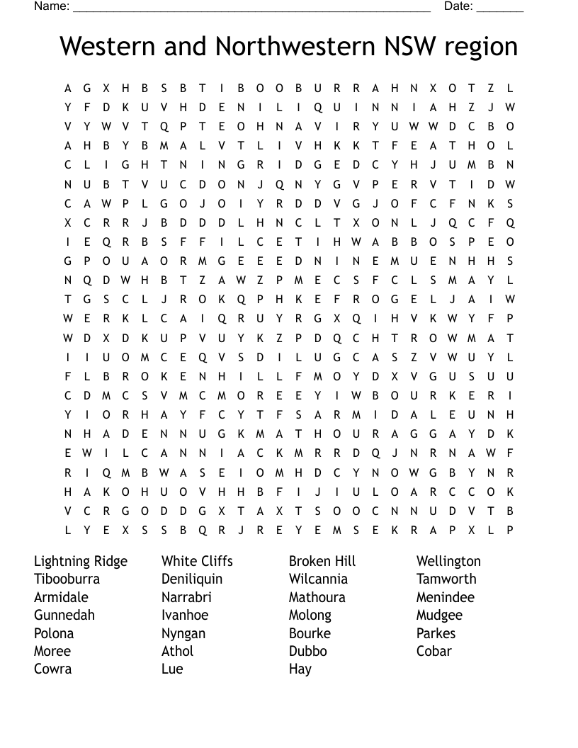 Western and Northwestern NSW region Word Search