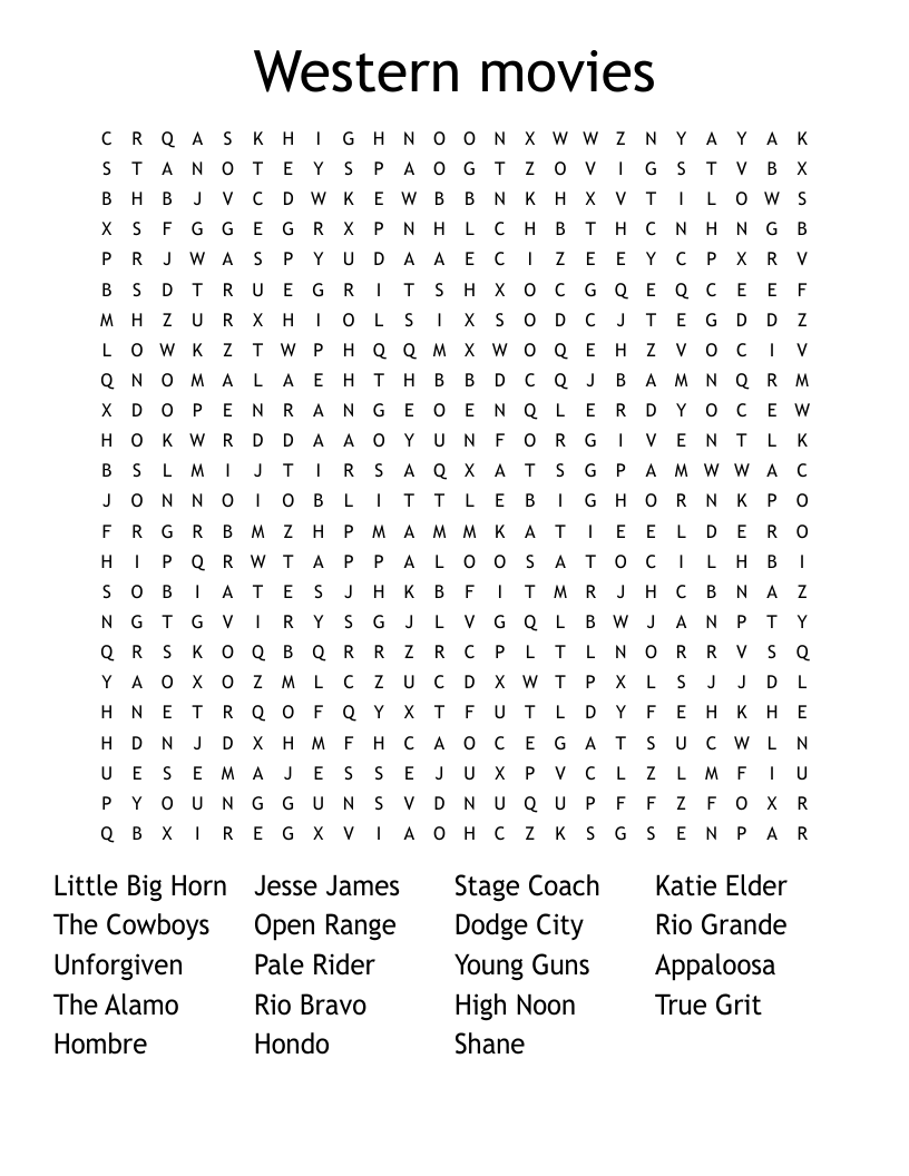 Western movies Word Search