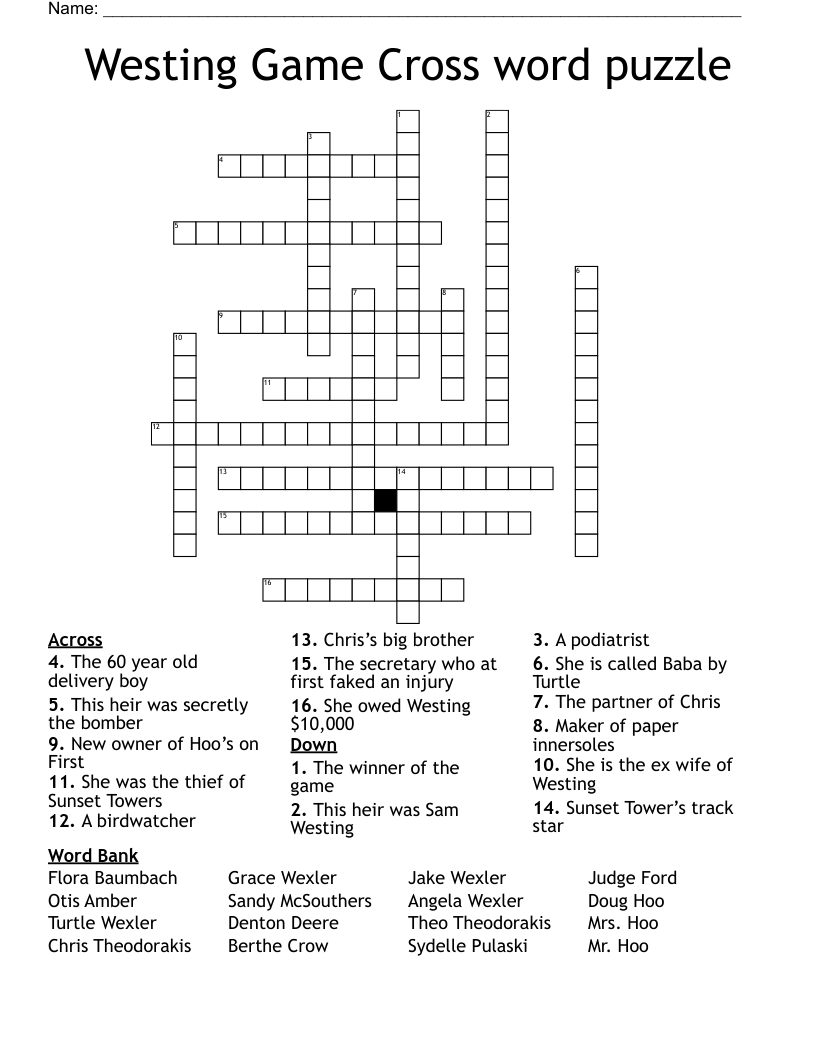 Westing Game Cross word puzzle