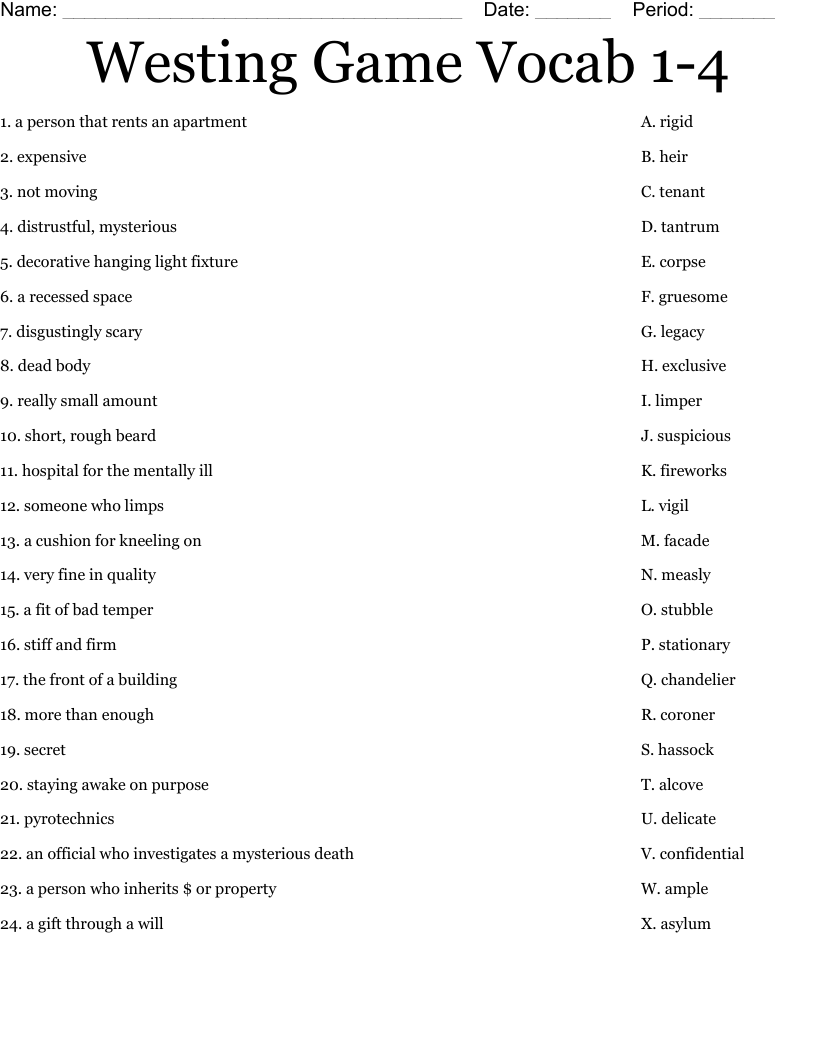 Westing Game Vocab 1-4 Worksheet