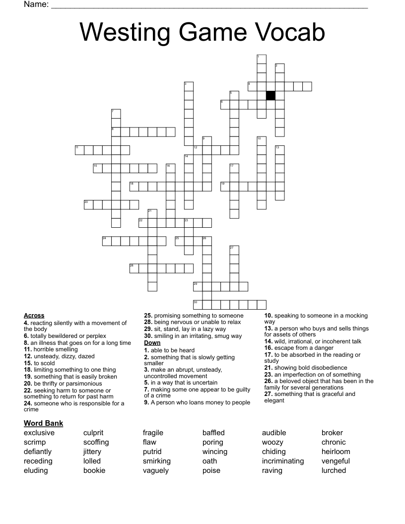Westing Game Vocab  Crossword