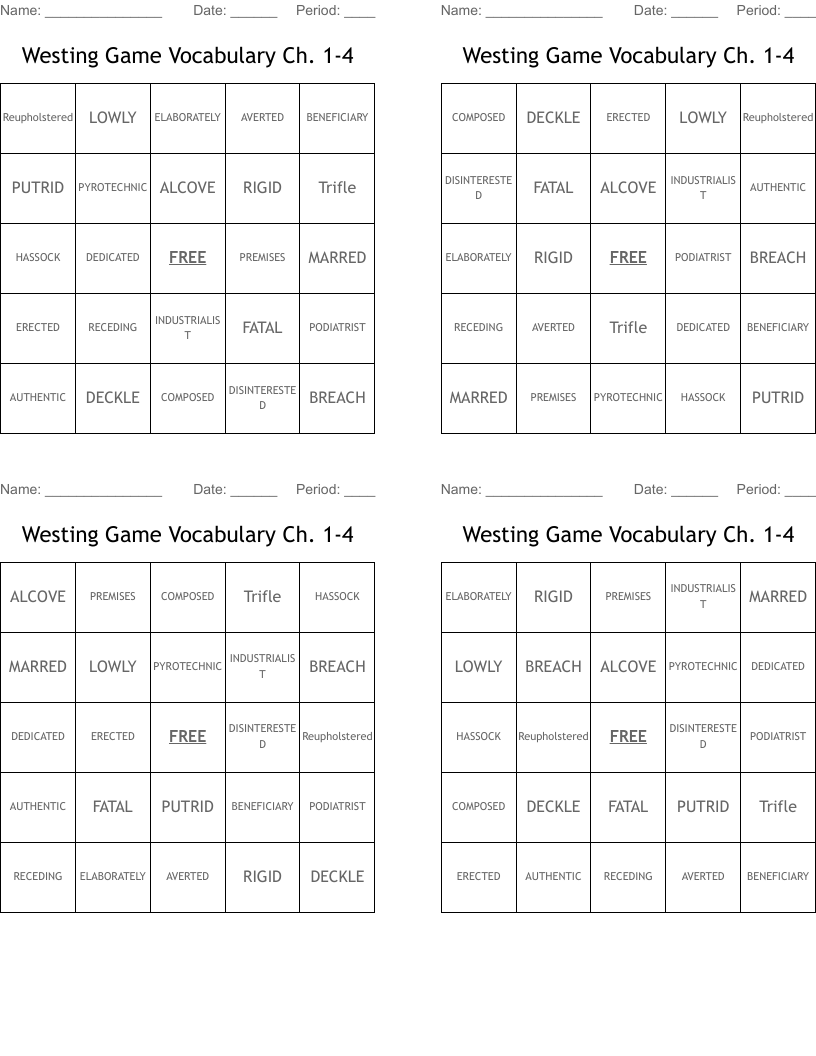 Westing Game Vocabulary Ch. 1-4 Bingo Cards