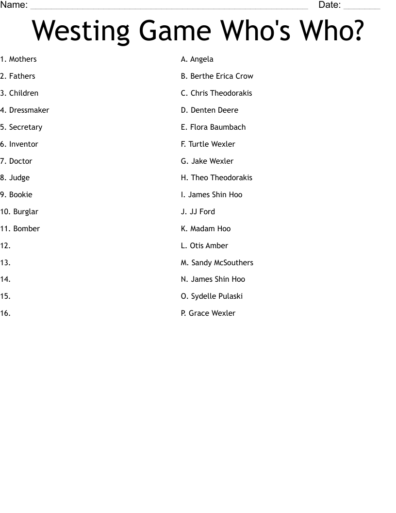 Westing Game Who's Who? Worksheet