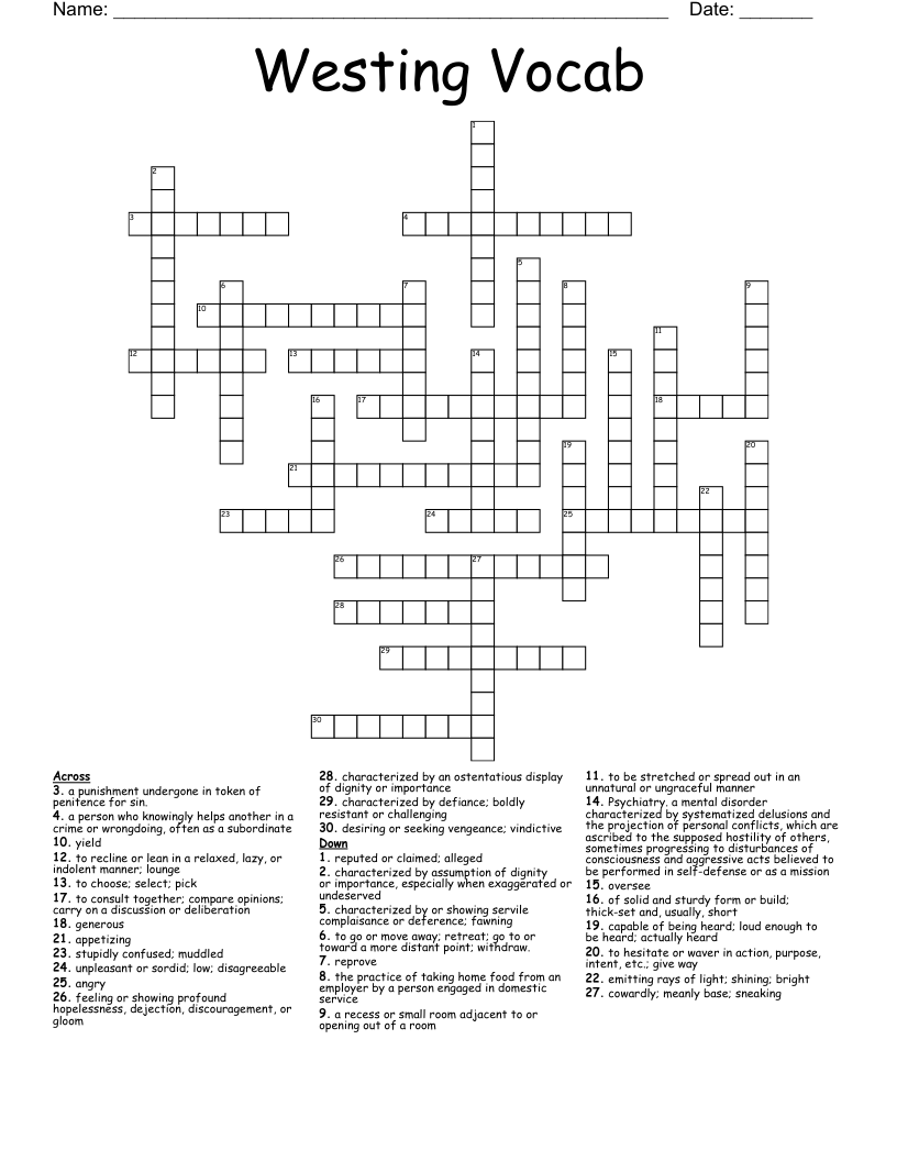 Westing Vocab Crossword