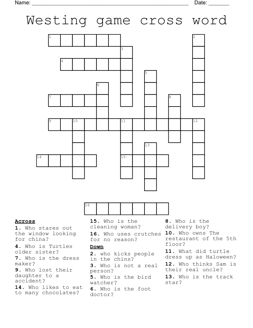 Westing game cross word
