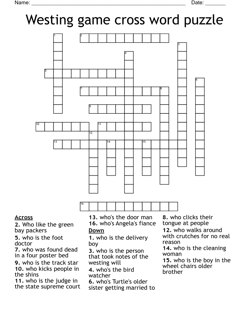 Westing game cross word puzzle