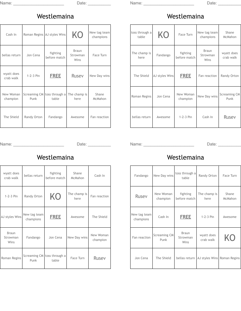 Westlemaina Bingo Cards