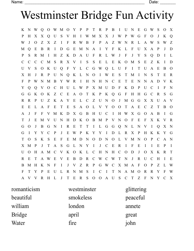 Westminster Bridge Fun Activity Word Search