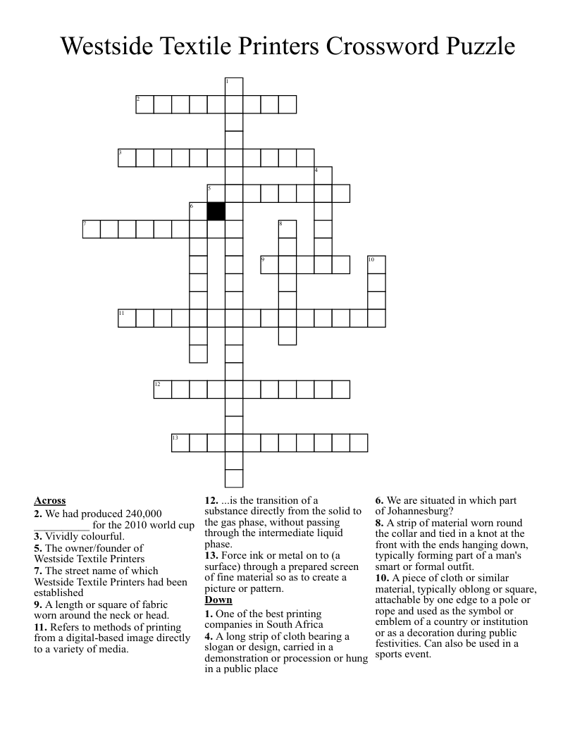 Westside Textile Printers Crossword Puzzle