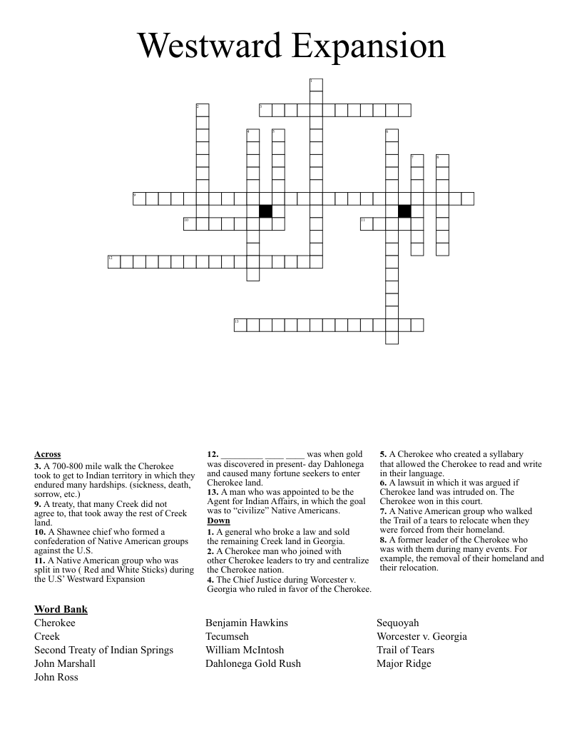Westward Expansion Crossword