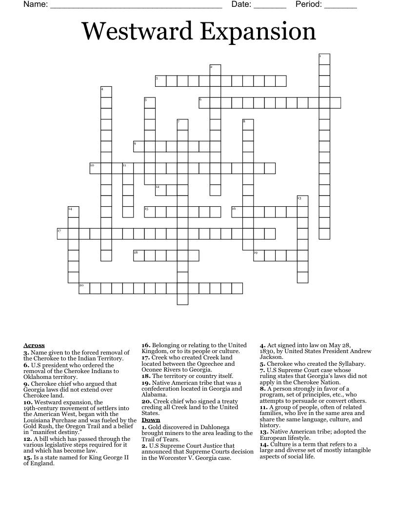 Westward Expansion Crossword