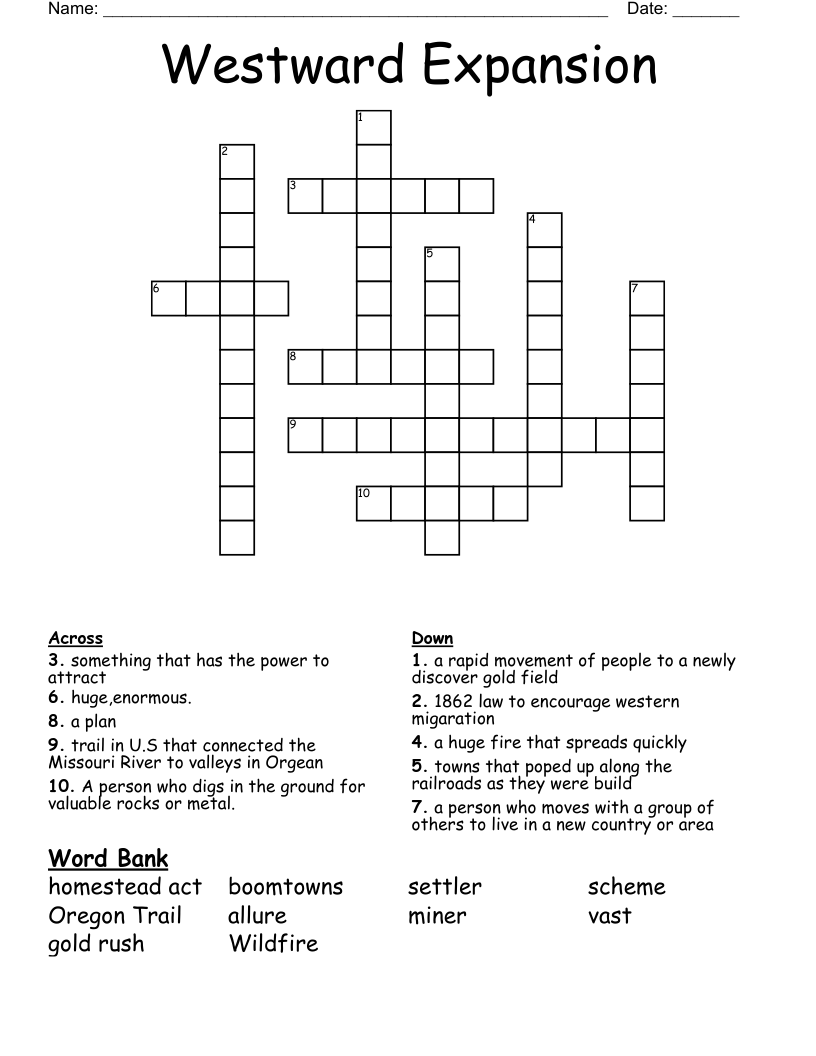 Westward Expansion Crossword