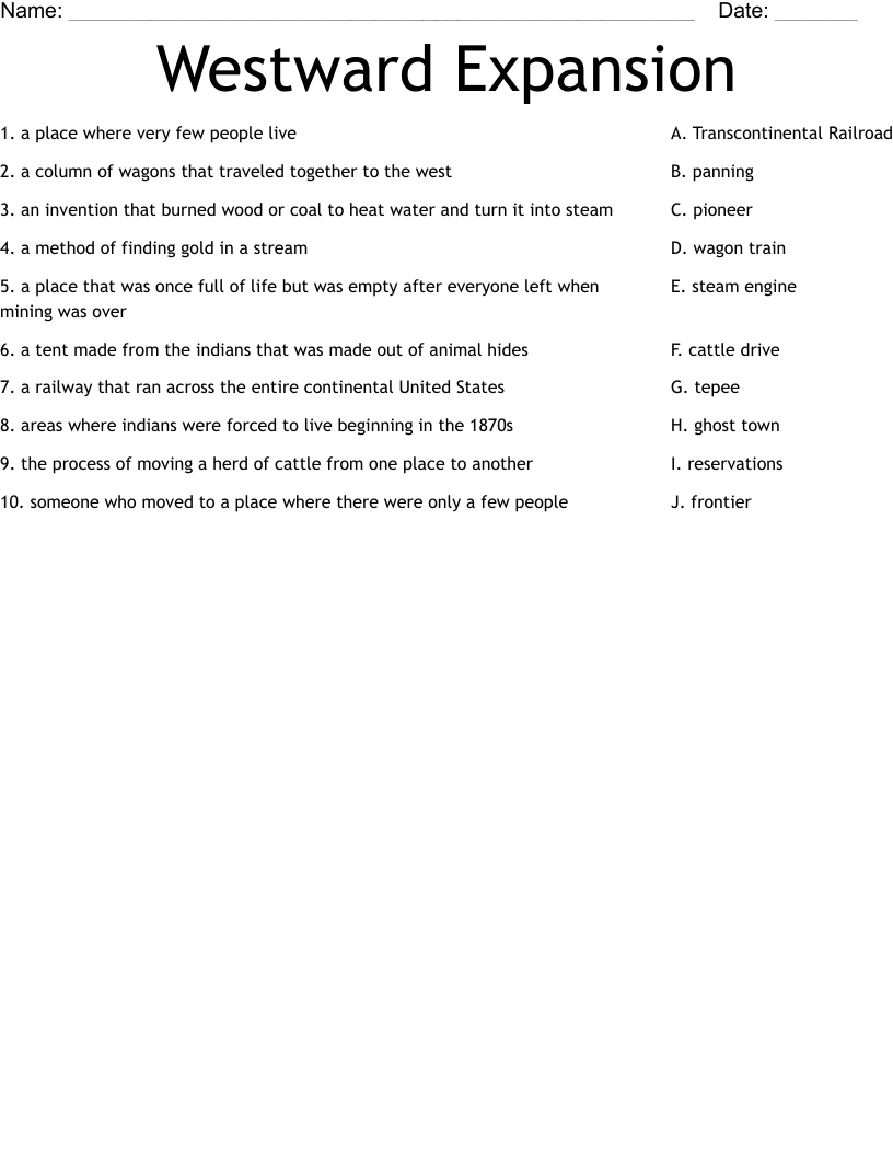 Westward Expansion Worksheet