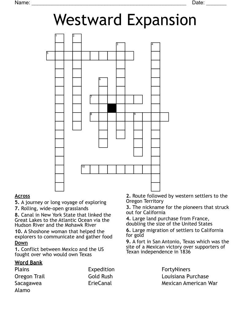 Westward Expansion Crossword