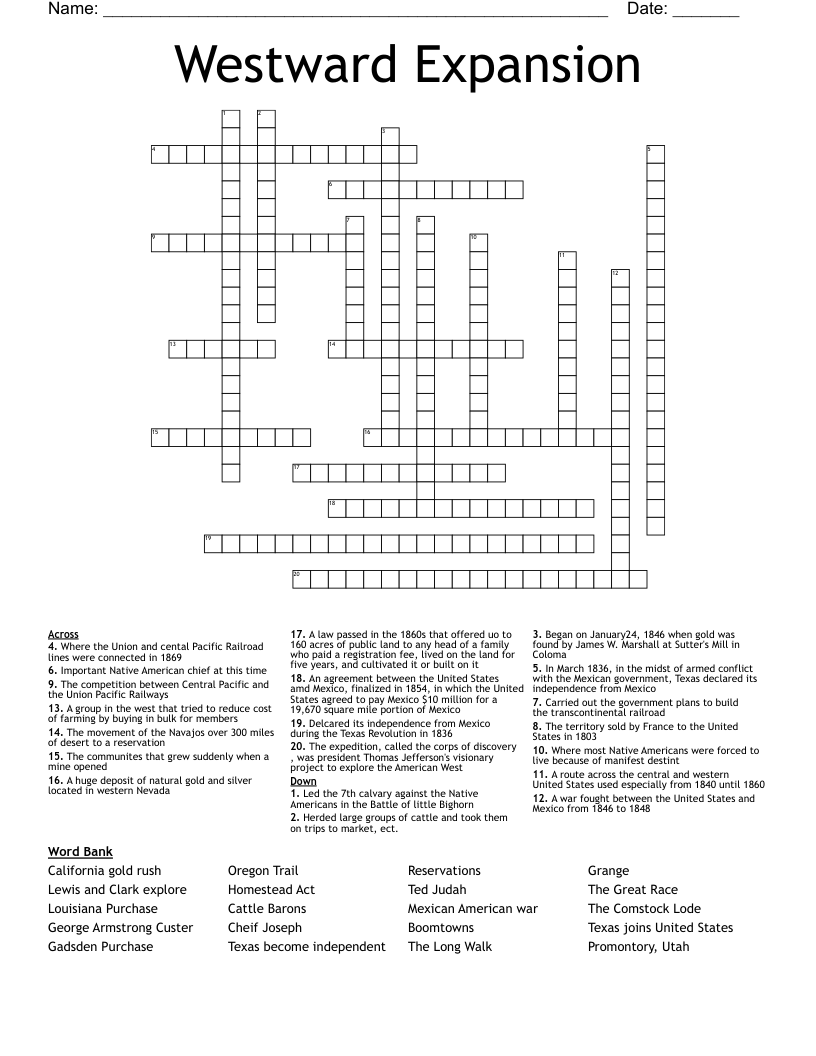 Westward Expansion Crossword