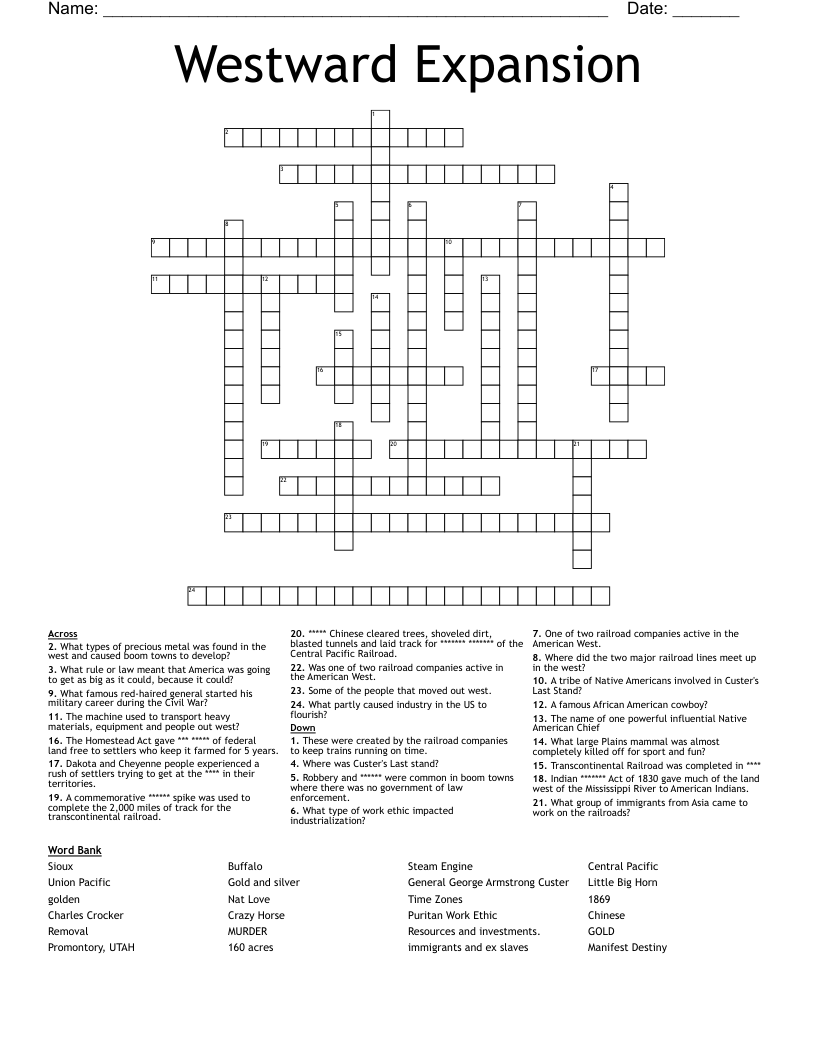 Westward Expansion Crossword