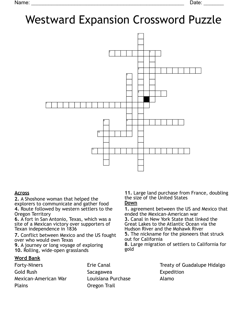 Westward Expansion Crossword Puzzle
