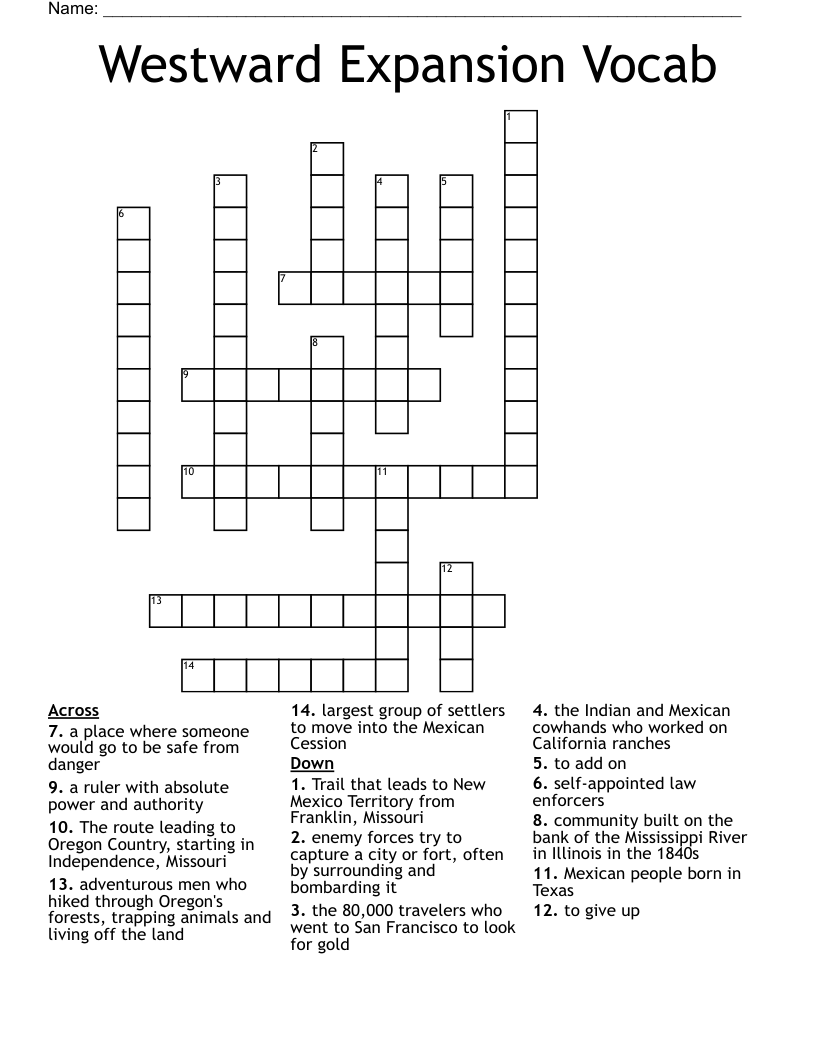Westward Expansion Vocab Crossword