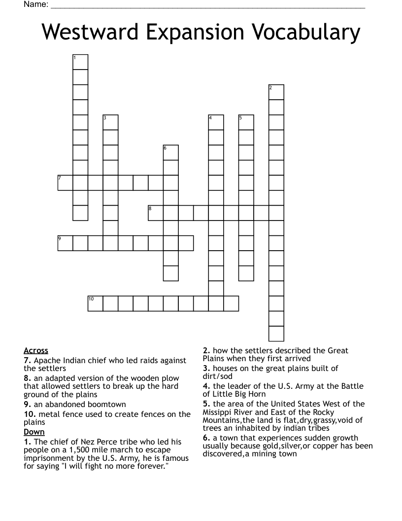 Westward Expansion Vocabulary Crossword