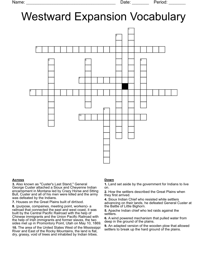 Westward Expansion Vocabulary Crossword