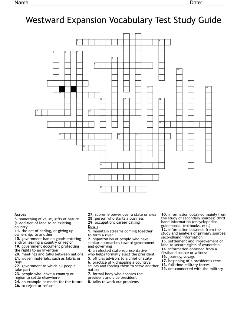 Westward Expansion Vocabulary Test Study Guide Crossword