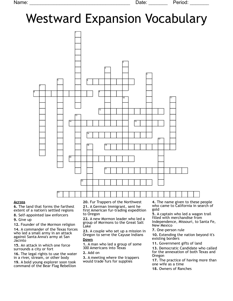 Westward Expansion Vocabulary  Crossword