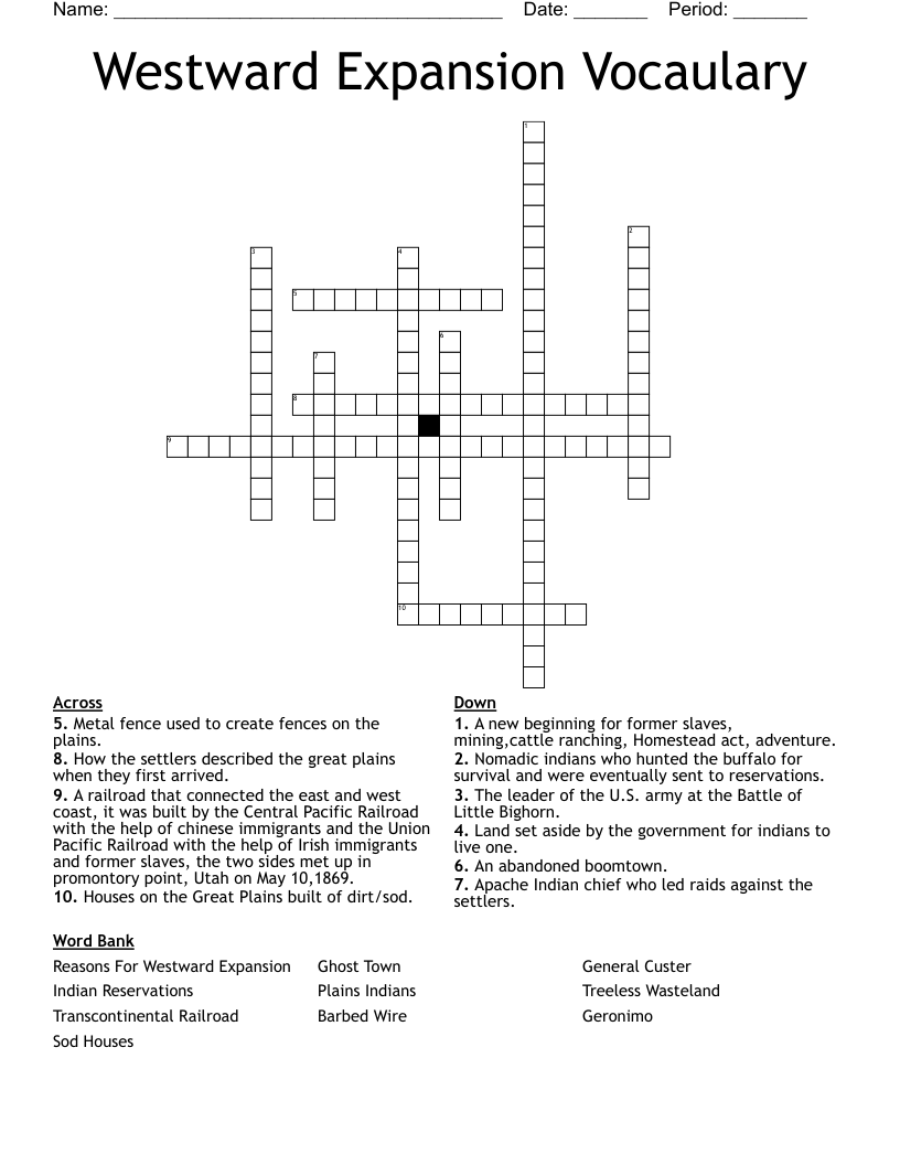 Westward Expansion Vocaulary Crossword