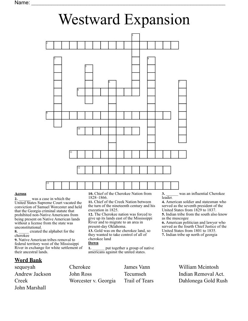 Westward Expansion  Crossword