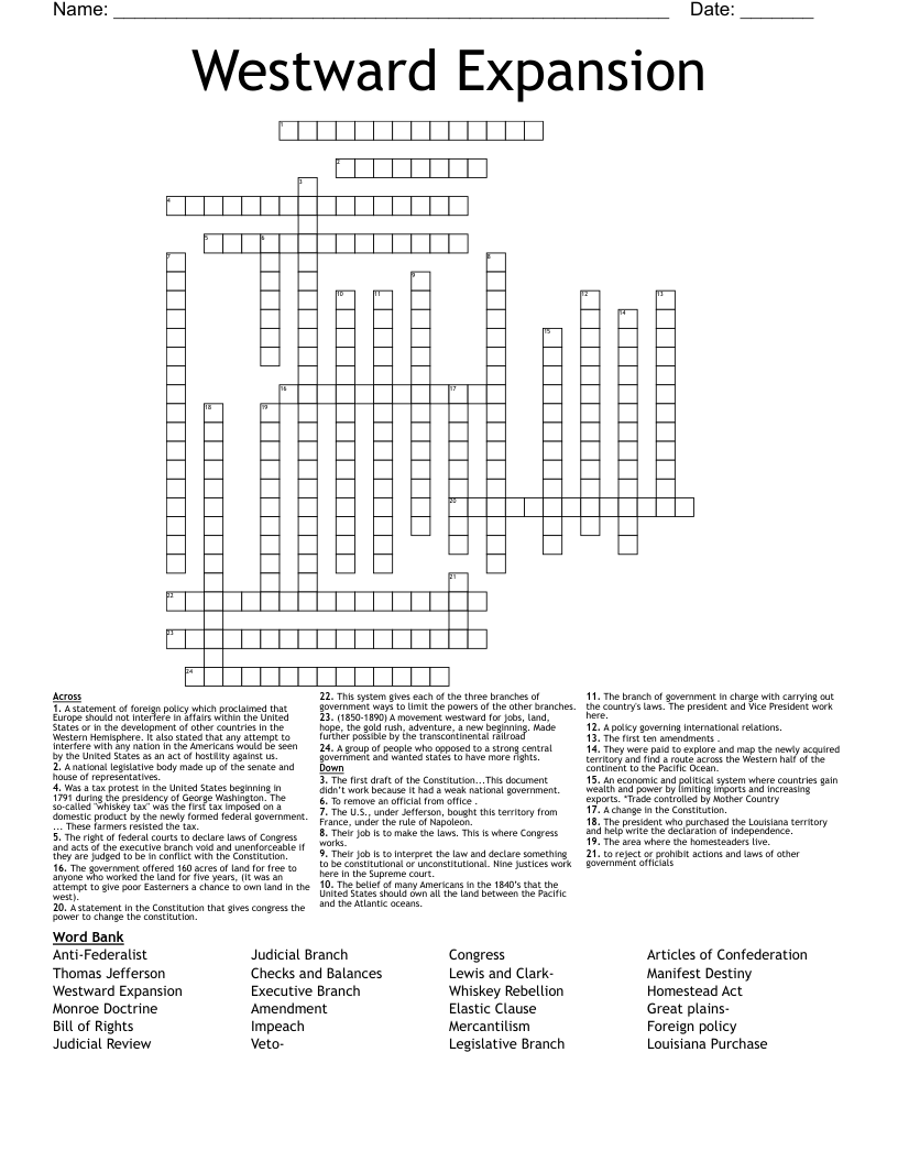 Westward Expansion  Crossword