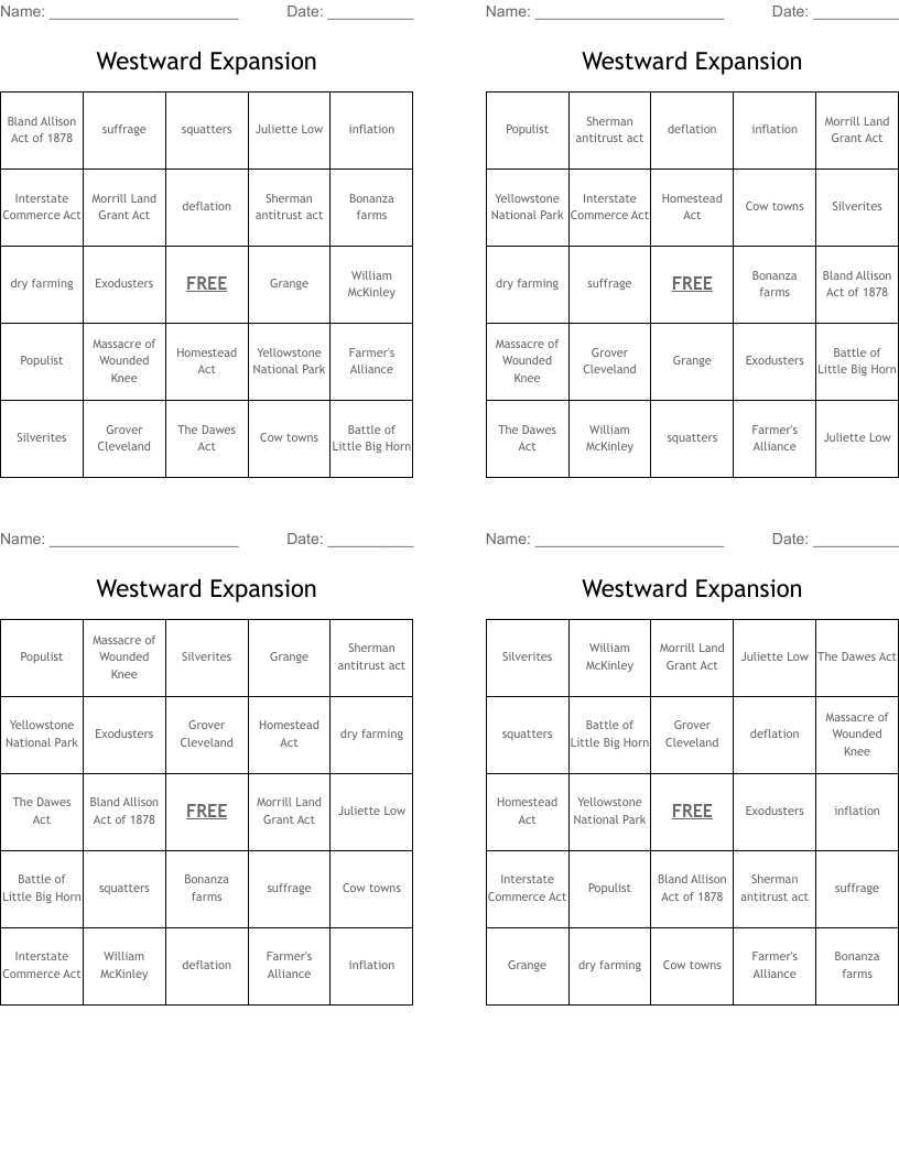 Westward Expansion  Bingo Cards