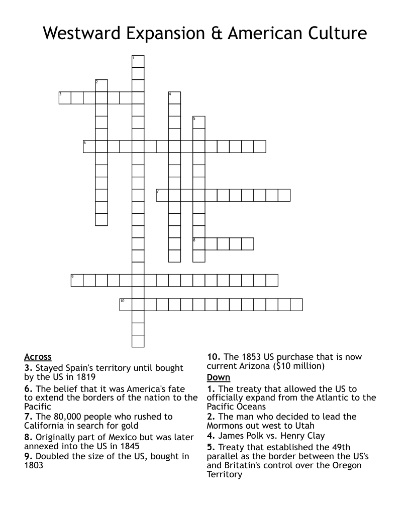Westward Expansion & American Culture Crossword