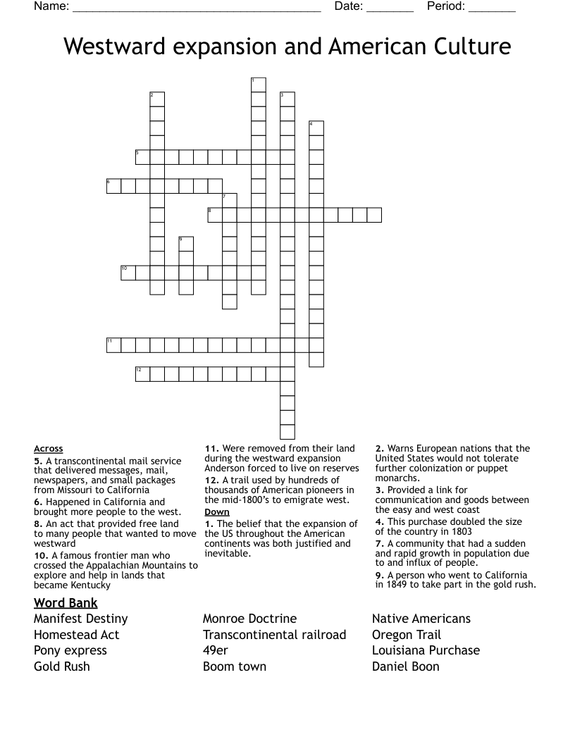 Westward expansion and American Culture  Crossword