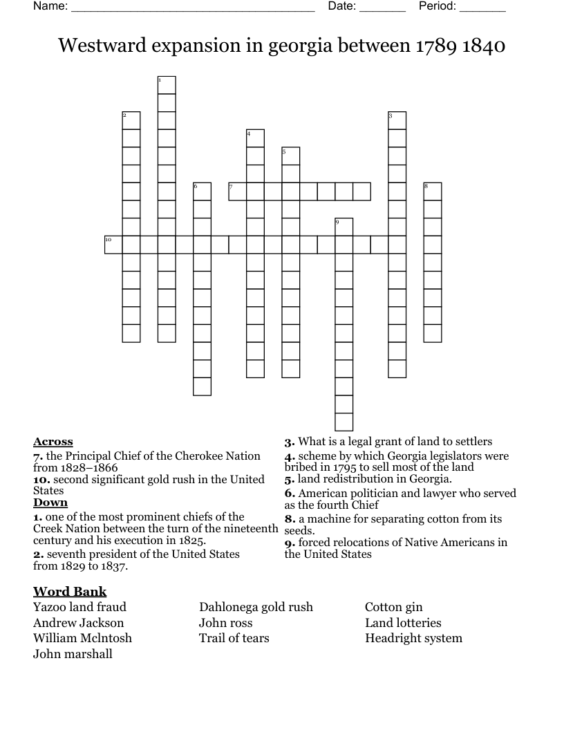Westward expansion in georgia between 1789 1840 Crossword