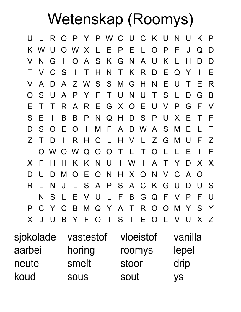 Wetenskap (Roomys) Word Search