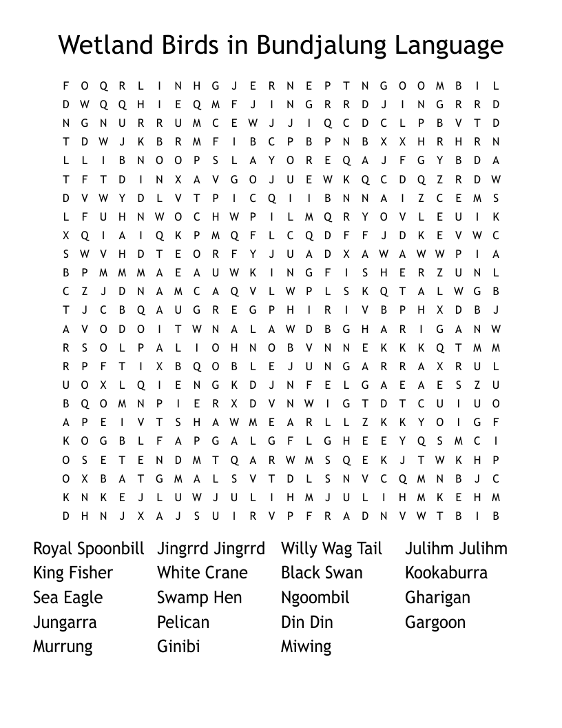 Wetland Birds in Bundjalung Language Word Search