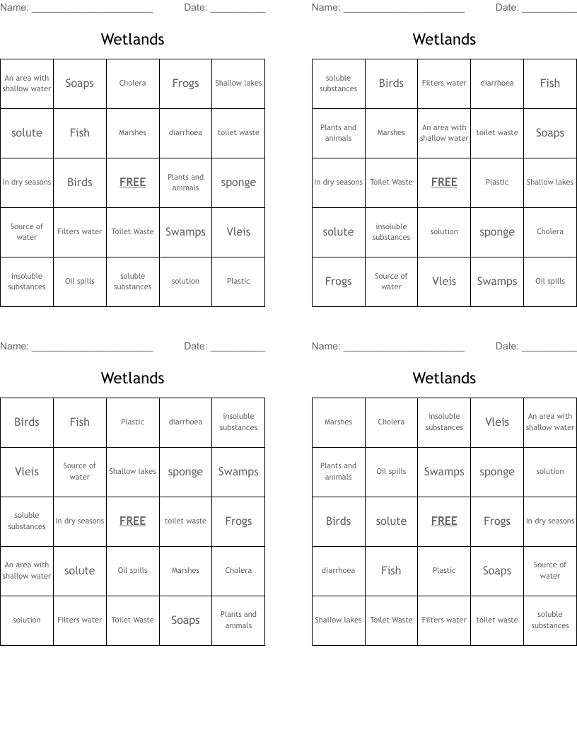 Wetlands Bingo Cards