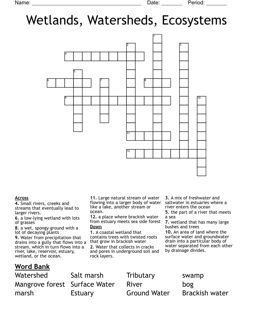 Wetlands, Watersheds, Ecosystems Crossword