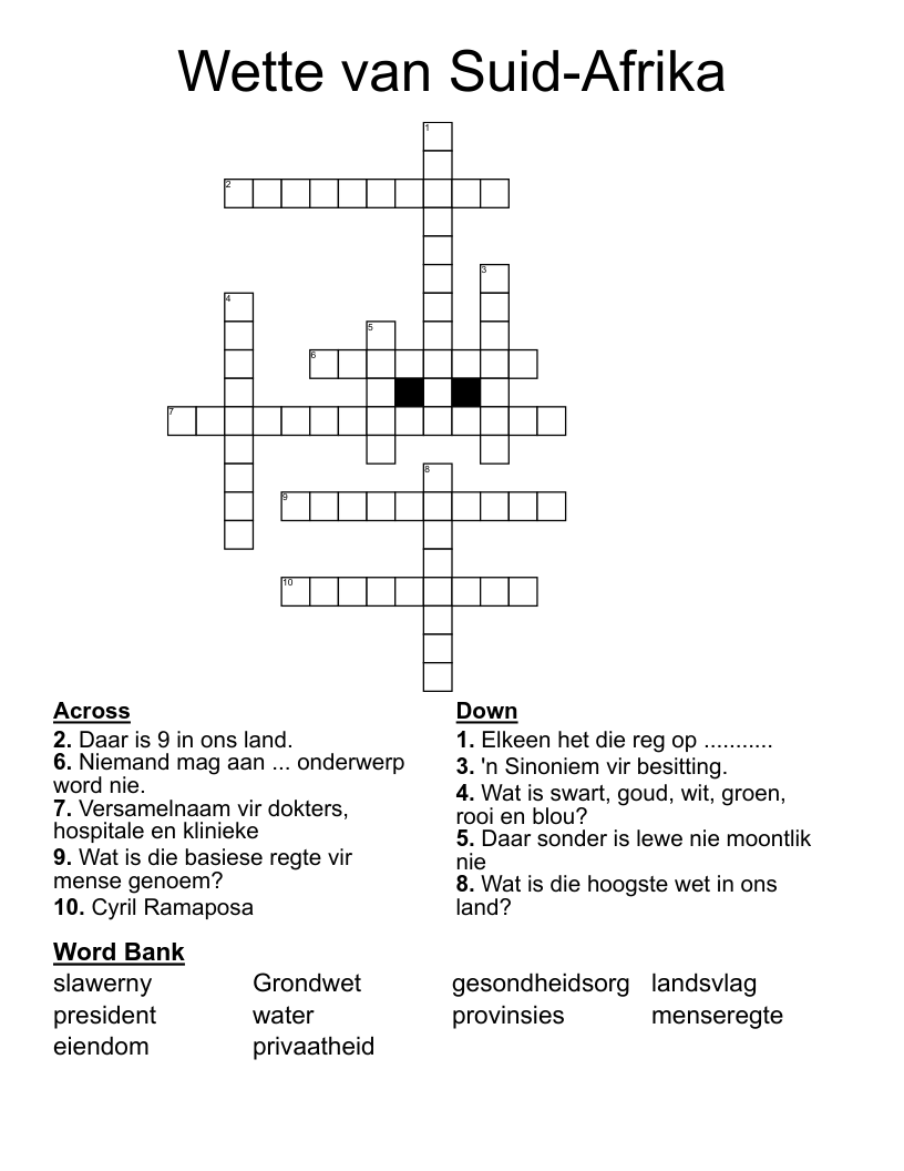 Wette van Suid-Afrika Crossword