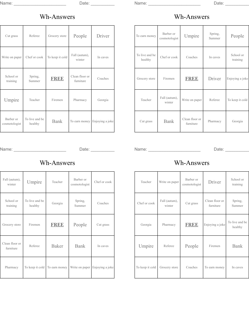 Wh-Answers Bingo Cards