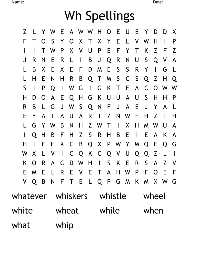 Wh Spellings Word Search