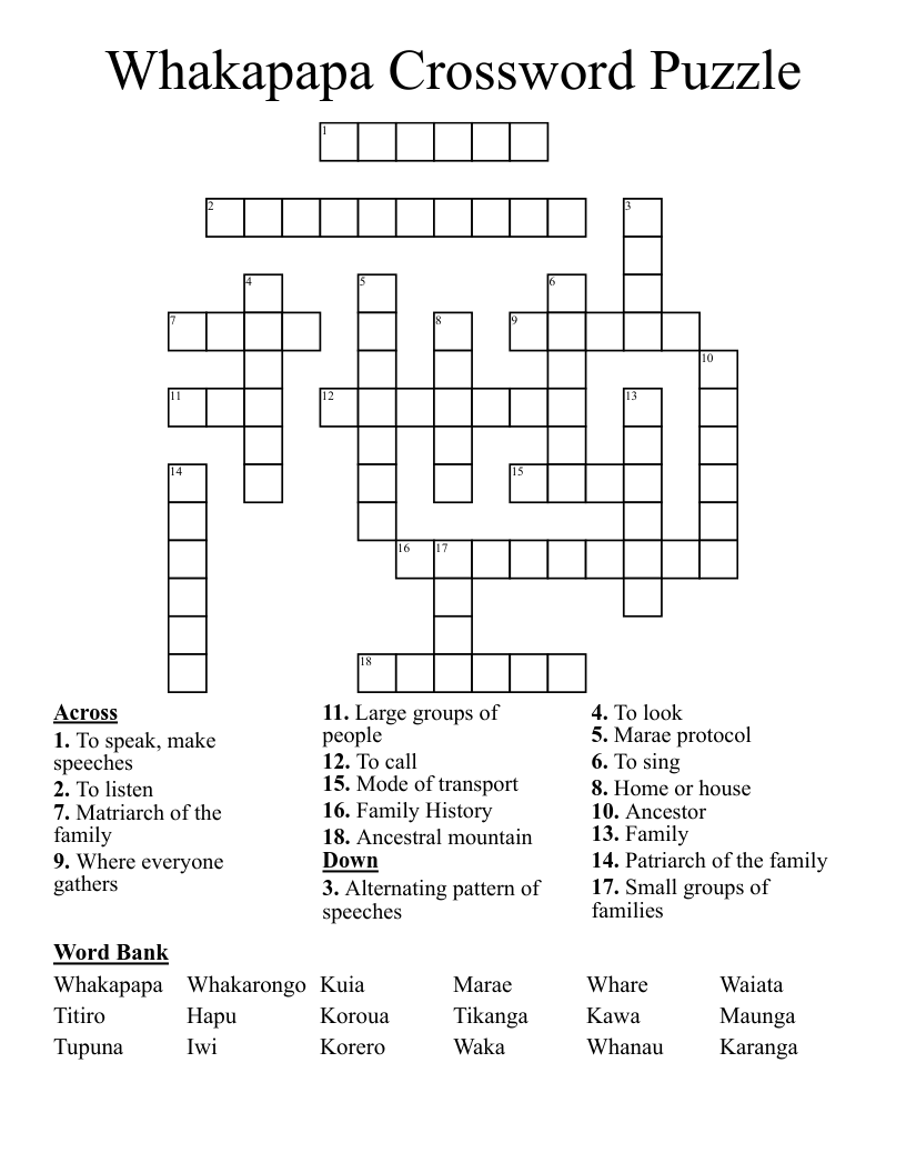 Whakapapa Crossword Puzzle