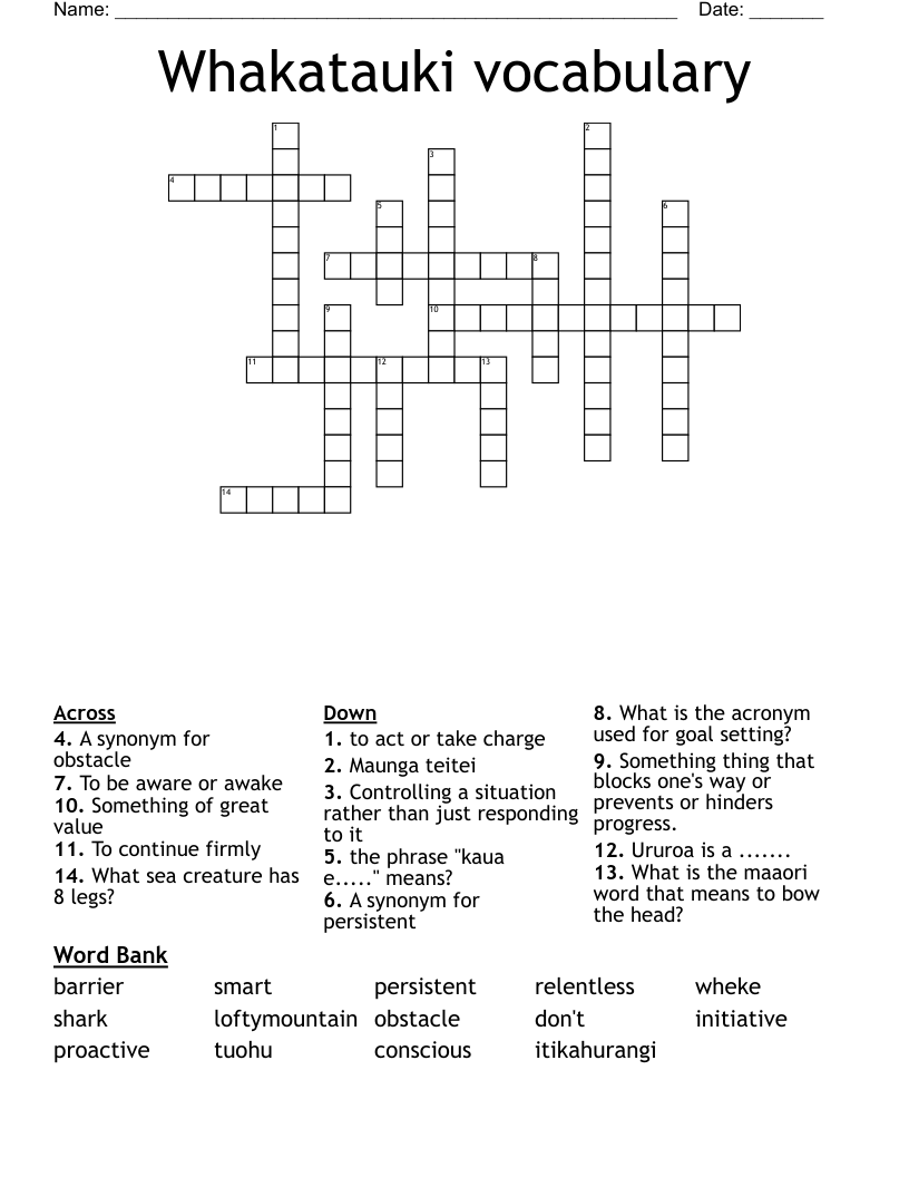Whakatauki vocabulary Crossword